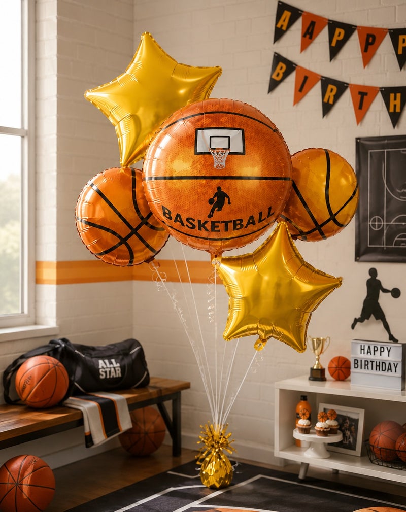 Basketball Foil Balloon Set – 5 Pcs Jumbo Basketball Hoop, Player & Gold Star Balloons for Boys Sports Birthday Party Decorations & Theme Party Supplies - Image 5