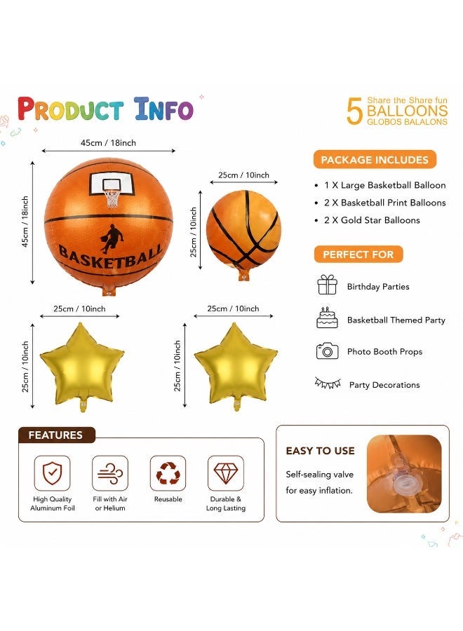 Basketball Foil Balloon Set – 5 Pcs Jumbo Basketball Hoop, Player & Gold Star Balloons for Boys Sports Birthday Party Decorations & Theme Party Supplies - Image 3
