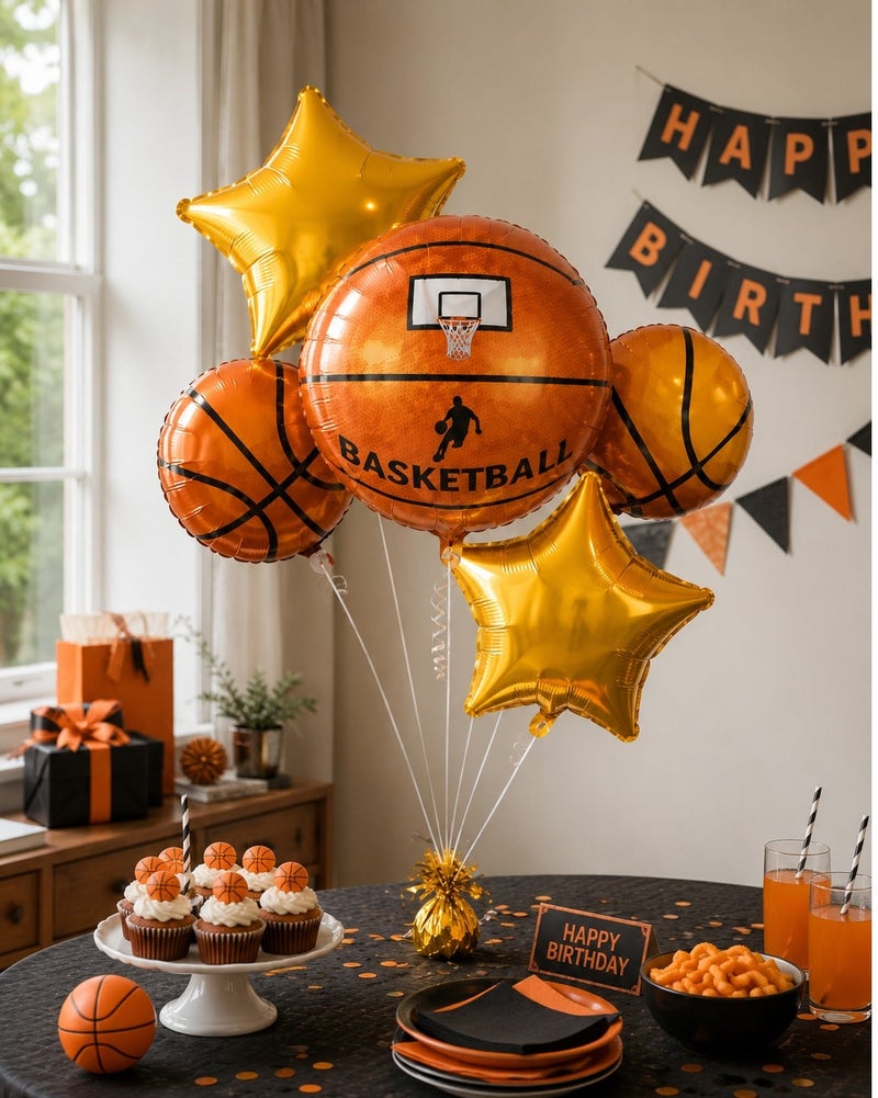 Basketball Foil Balloon Set – 5 Pcs Jumbo Basketball Hoop, Player & Gold Star Balloons for Boys Sports Birthday Party Decorations & Theme Party Supplies - Image 5