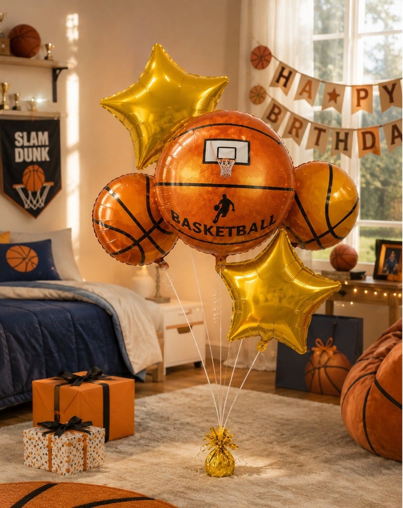 Basketball Foil Balloon Set – 5 Pcs Jumbo Basketball Hoop, Player & Gold Star Balloons for Boys Sports Birthday Party Decorations & Theme Party Supplies - Image 4