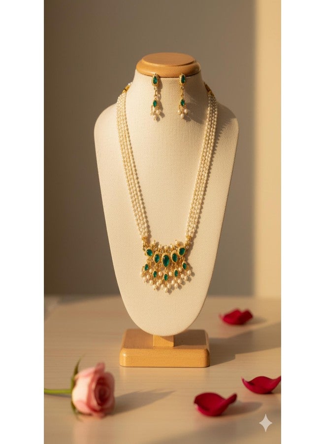 طقم قلادة تانماني ماهاراشترا التقليدية من AAIKU مع قلادة طويلة من اللؤلؤ الأبيض، وسلسلة قابلة للتعديل للنساء والفتيات بطول 32 بوصة (أخضر). - Image 5