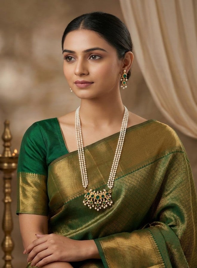 طقم قلادة تانماني ماهاراشترا التقليدية من AAIKU مع قلادة طويلة من اللؤلؤ الأبيض، وسلسلة قابلة للتعديل للنساء والفتيات بطول 32 بوصة (أخضر). - Image 2