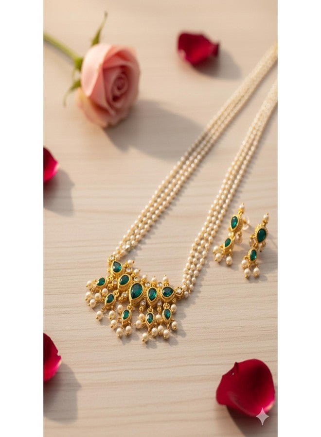 طقم قلادة تانماني ماهاراشترا التقليدية من AAIKU مع قلادة طويلة من اللؤلؤ الأبيض، وسلسلة قابلة للتعديل للنساء والفتيات بطول 32 بوصة (أخضر). - Image 4