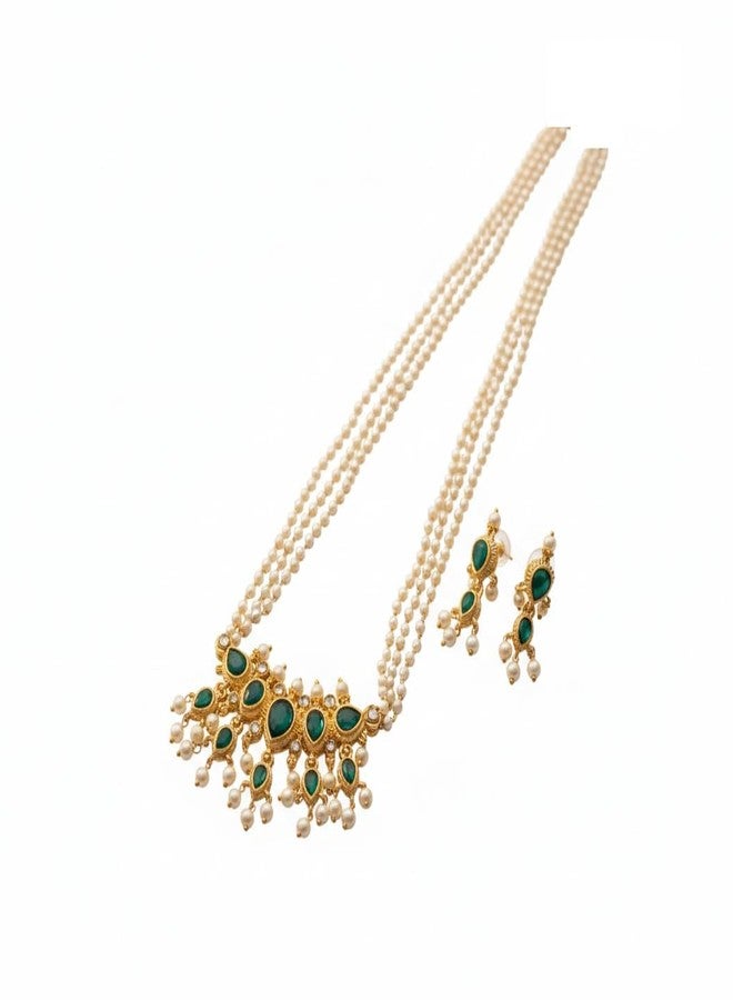 طقم قلادة تانماني ماهاراشترا التقليدية من AAIKU مع قلادة طويلة من اللؤلؤ الأبيض، وسلسلة قابلة للتعديل للنساء والفتيات بطول 32 بوصة (أخضر). - Image 1