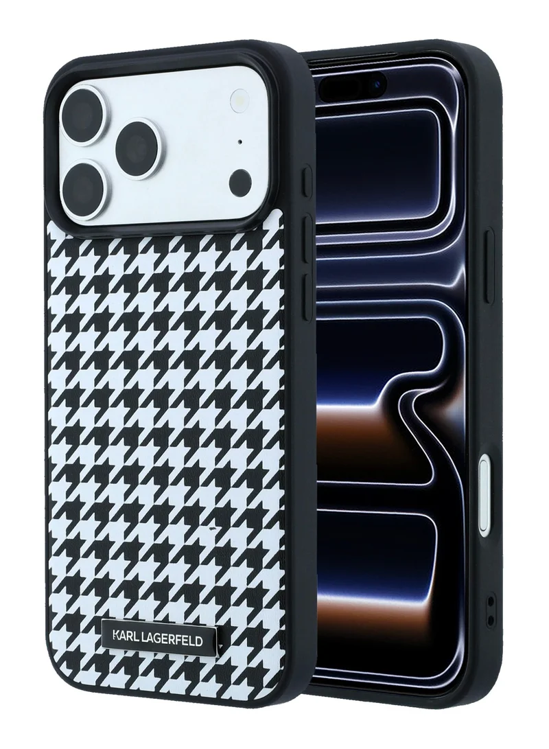 Karl Lagerfeld iPhone 18 Pro MagSafe Case Smooth PU Leather Houndstooth Hard Cover with Resin Logo for iPhone