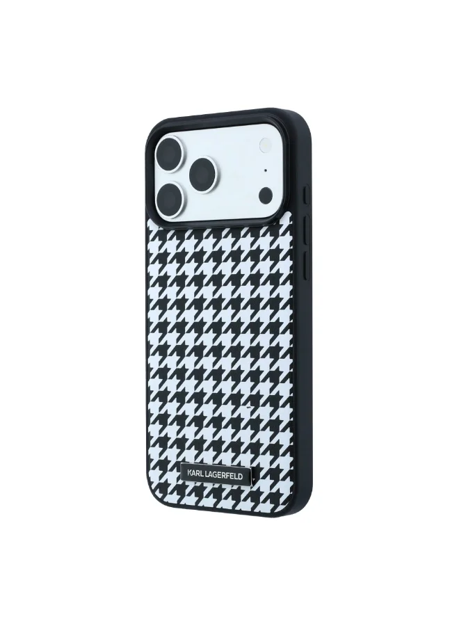 Karl Lagerfeld iPhone 18 Pro MagSafe Case Smooth PU Leather Houndstooth Hard Cover with Resin Logo for iPhone