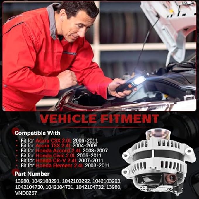 yeedaky 13980 New Alternator Fits for Honda Accord CR-V Element Acura TSX 2.0L 2.4L 12V 2003~2011 Automotive Replacement Part - Image 2