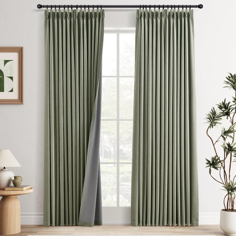 Joywell 100% Blackout Sage Green Linen Curtains Pinch Pleated Green Blackout Curtains 84 Inches Long for Bedroom Living Room Memory Shaped Thermal Insulated Pinch Pleat Drapes with Hooks Rings Clips 7FT - Image 1