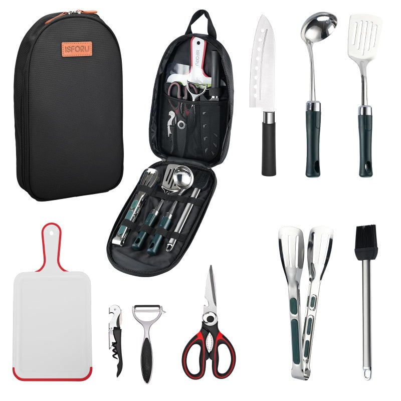 ISFORU Camping Accessories Set, Camping Kitchen Utensil Organizer Travel Set with Tongs, Cutting Board, Bottle Cutter and Water Resistant Case for Daily Meal or Outdoor Hiking Picnic and Trekking (Black) - Image 1