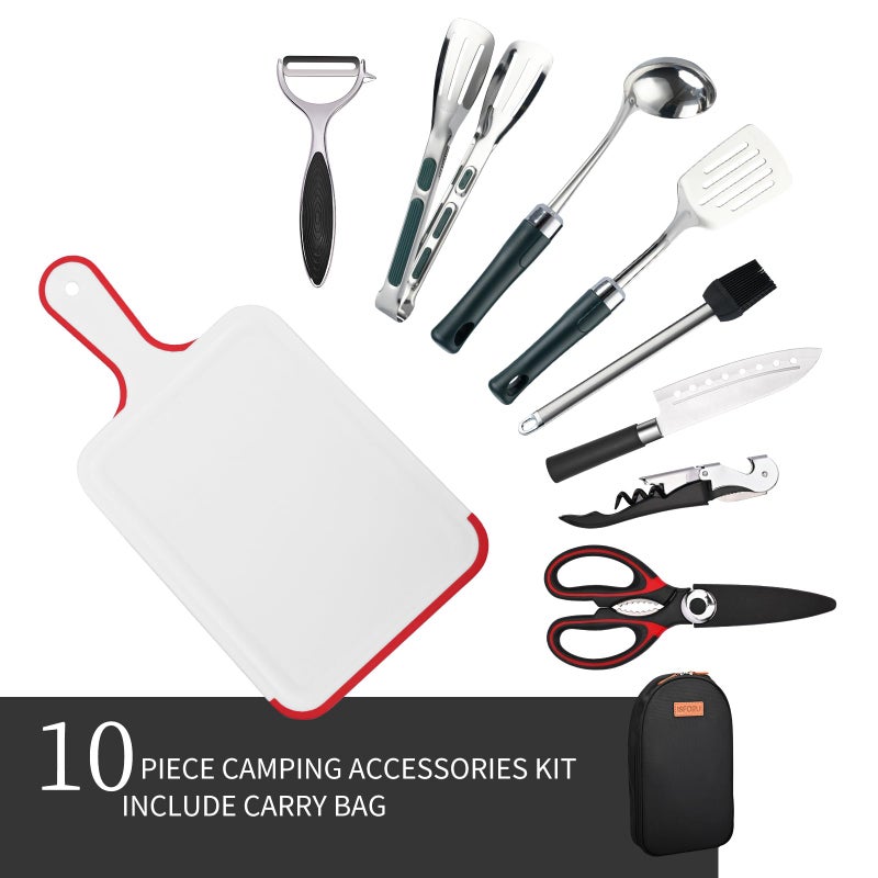 ISFORU Camping Accessories Set, Camping Kitchen Utensil Organizer Travel Set with Tongs, Cutting Board, Bottle Cutter and Water Resistant Case for Daily Meal or Outdoor Hiking Picnic and Trekking (Black) - Image 2