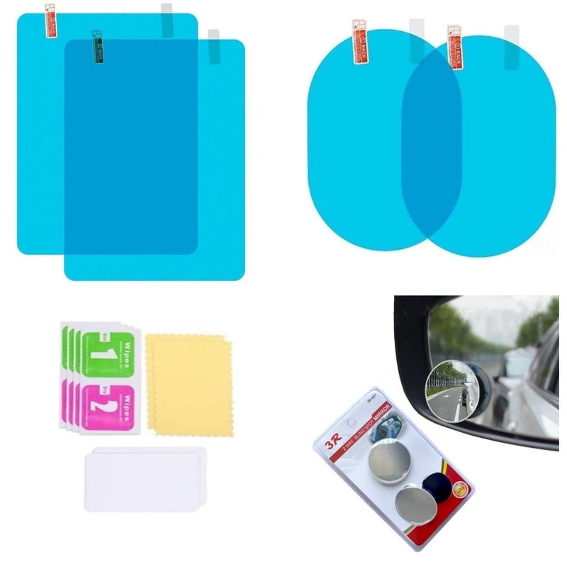 SARTE Car Anti Fog Film Car Rearview Mirror Films Anti-Rain Fog Waterproof Anti-Glare, Anti-Scratch PET Material Film And Blind Spot Mirror For Car (2 PCs Oval + 2 PCs Square + 2Pc Mirror) Combo Pack - Image 1