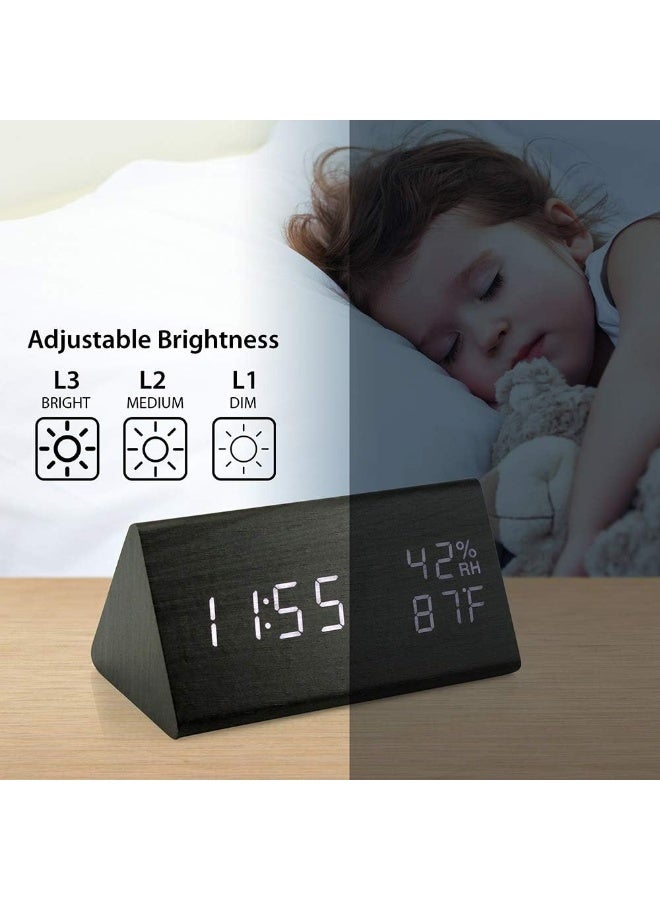 OCT17 Wooden Alarm Clock, Smart LED Digital Clock for Bedroom/desks, Upgraded with Time Temperature, Adjustable Brightness and Voice Control, Humidity Displaying - Black - Image 3