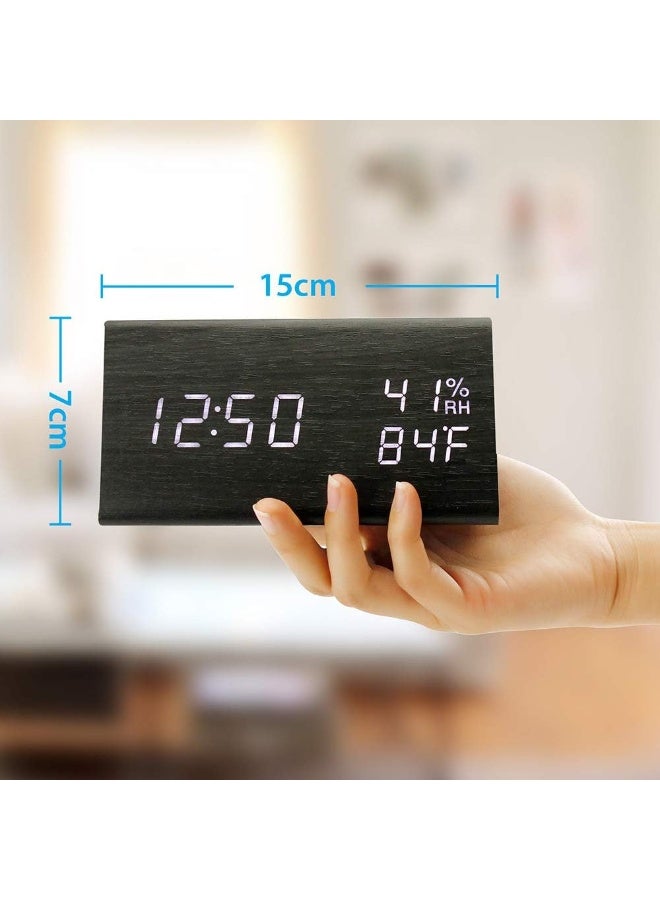 OCT17 Wooden Alarm Clock, Smart LED Digital Clock for Bedroom/desks, Upgraded with Time Temperature, Adjustable Brightness and Voice Control, Humidity Displaying - Black - Image 5