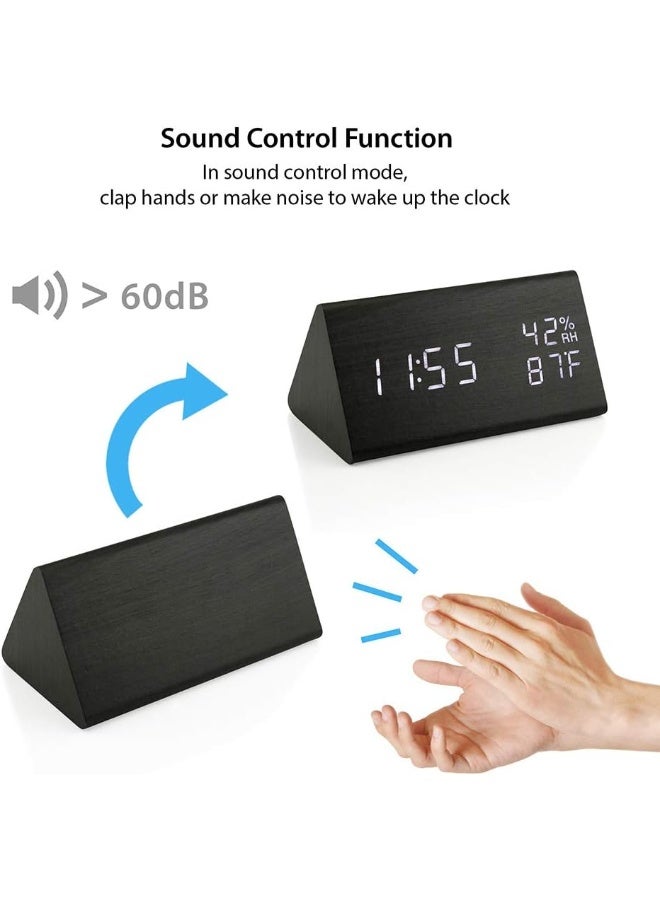 OCT17 Wooden Alarm Clock, Smart LED Digital Clock for Bedroom/desks, Upgraded with Time Temperature, Adjustable Brightness and Voice Control, Humidity Displaying - Black - Image 4