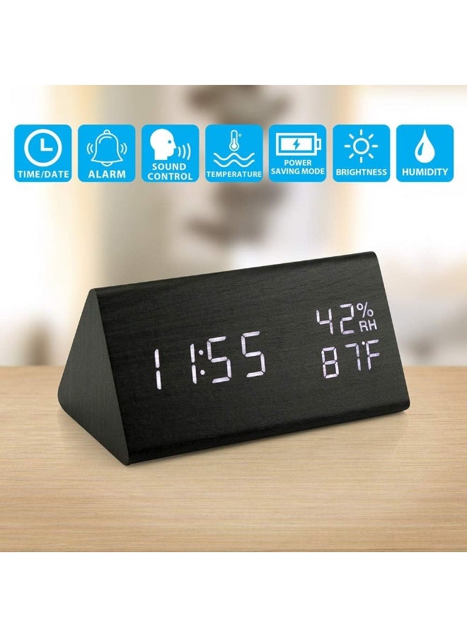 OCT17 Wooden Alarm Clock, Smart LED Digital Clock for Bedroom/desks, Upgraded with Time Temperature, Adjustable Brightness and Voice Control, Humidity Displaying - Black - Image 2