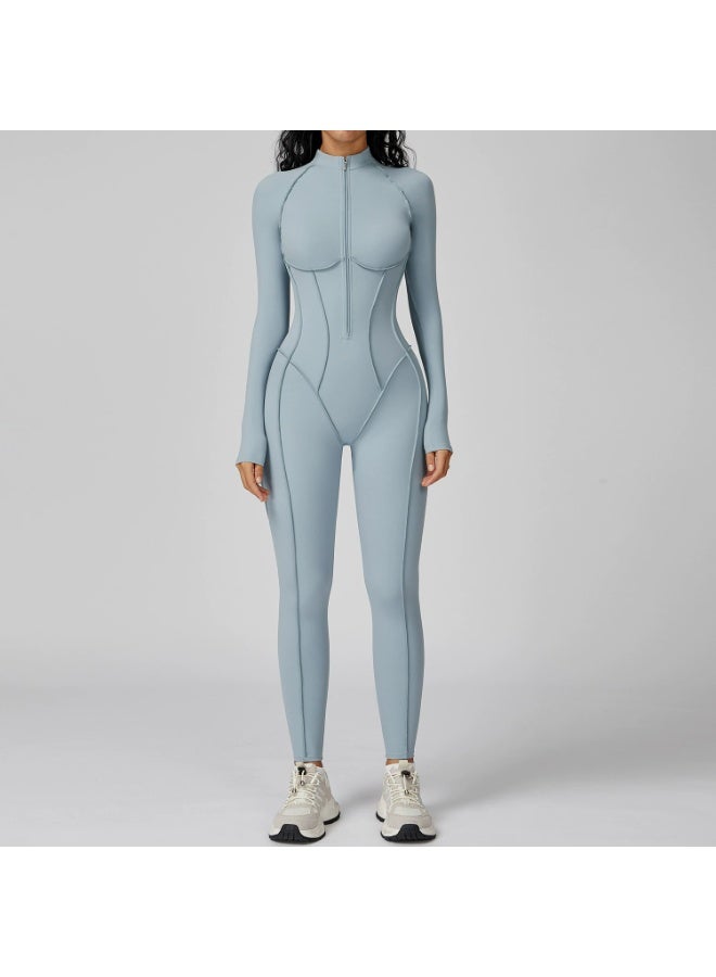 general AEEZO Womens Contour Seams Long Sleeve Padded Workout Jumpsuit Zip Up Tummy Control One Piece Bodycon Yoga Rompers - Image 1