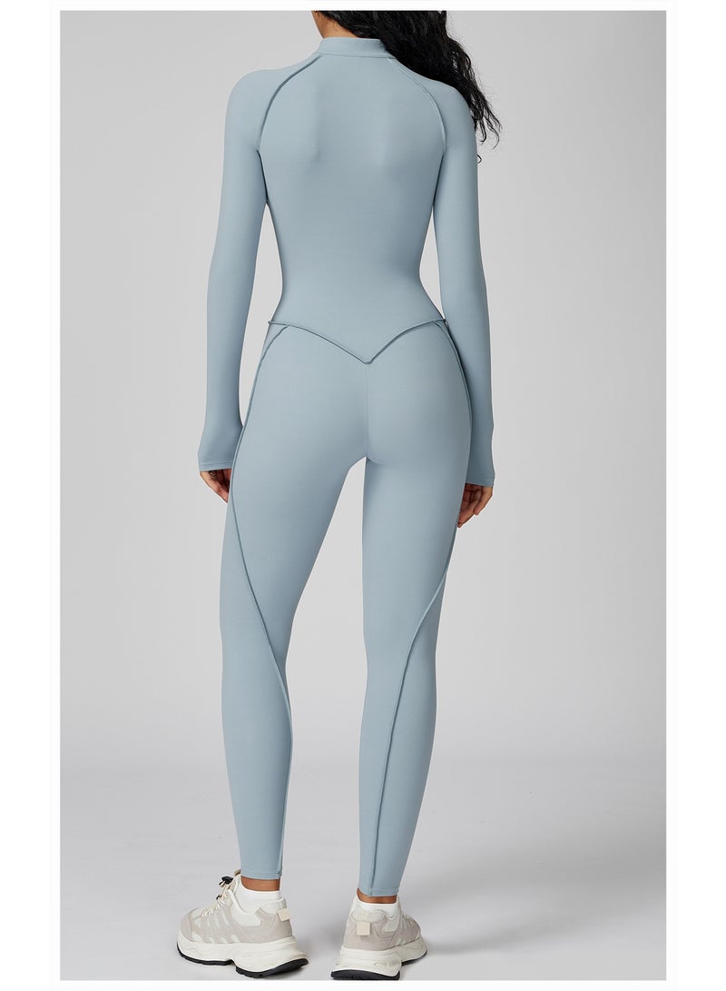 general AEEZO Womens Contour Seams Long Sleeve Padded Workout Jumpsuit Zip Up Tummy Control One Piece Bodycon Yoga Rompers - Image 2