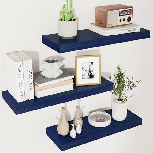 fuqing Blue Floating Shelves for Wall  Wood Wall Shelves Set of 3  Dark Blue Shelves for Room Decor  Storage in Bedroom Living Room Bathroom Kitchen