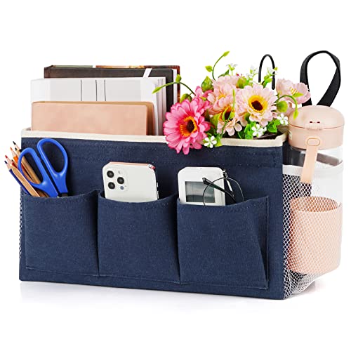 Lilithye Bedside Caddy Bedside Organizer Bedside Storage Caddy with Fixed Straps and Water Bottle Holder for Home College Dorm Bunk Bed Hospital Bed Crib Bed Rails (Navy Blue) - Image 1