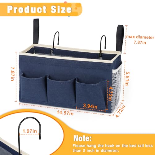 Lilithye Bedside Caddy Bedside Organizer Bedside Storage Caddy with Fixed Straps and Water Bottle Holder for Home College Dorm Bunk Bed Hospital Bed Crib Bed Rails (Navy Blue) - Image 3