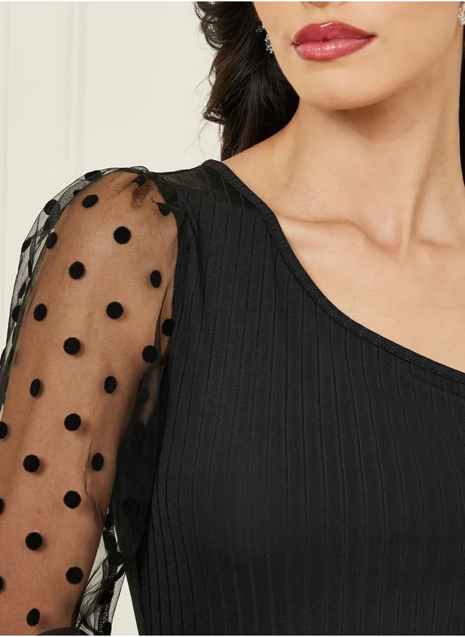 Styli Polka Dot One Shoulder Mesh Sleeve Top