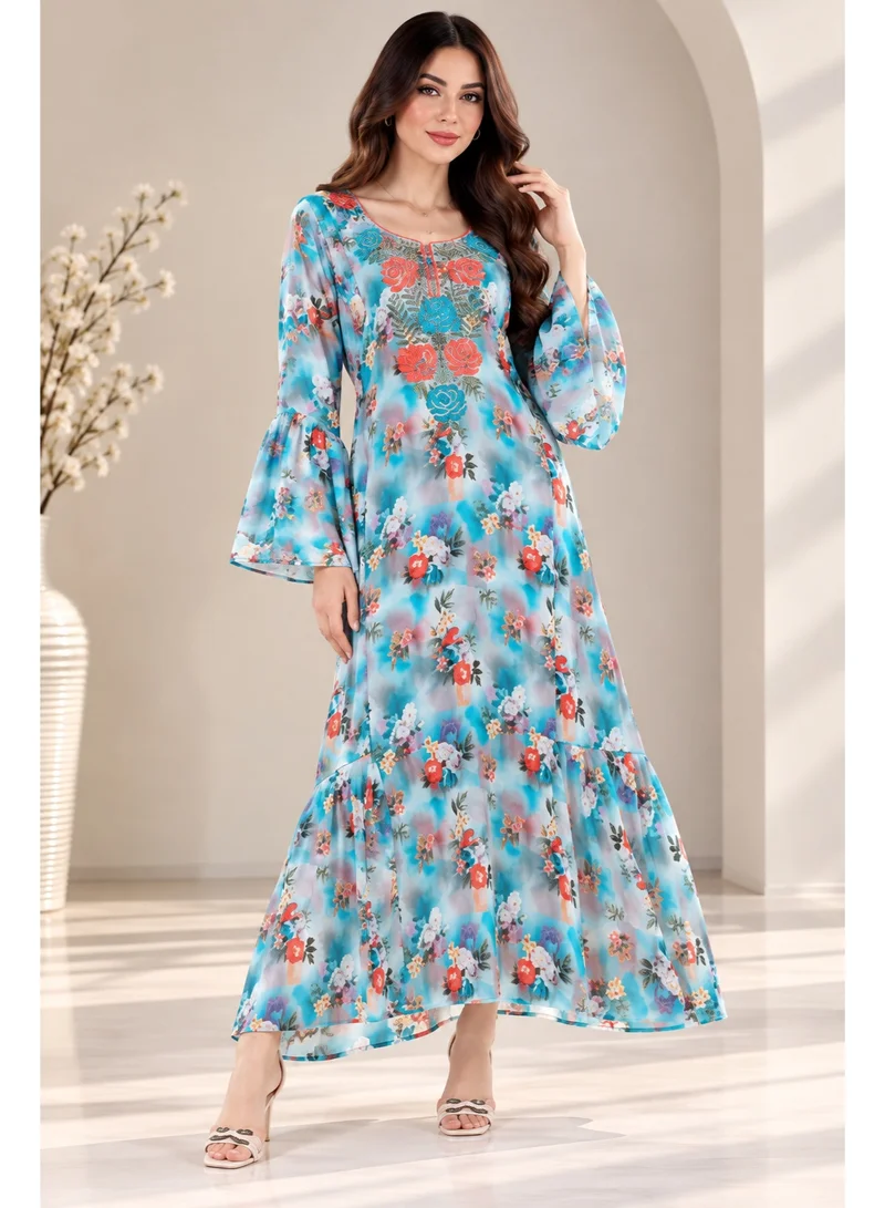 NinEx Women Floral Print Maxi Jalabiya Dress with Embroidered Yoke and Bell Sleeves – Lightweight Fabric Festive & Modest Wear Sky Blue Color 1 Pc