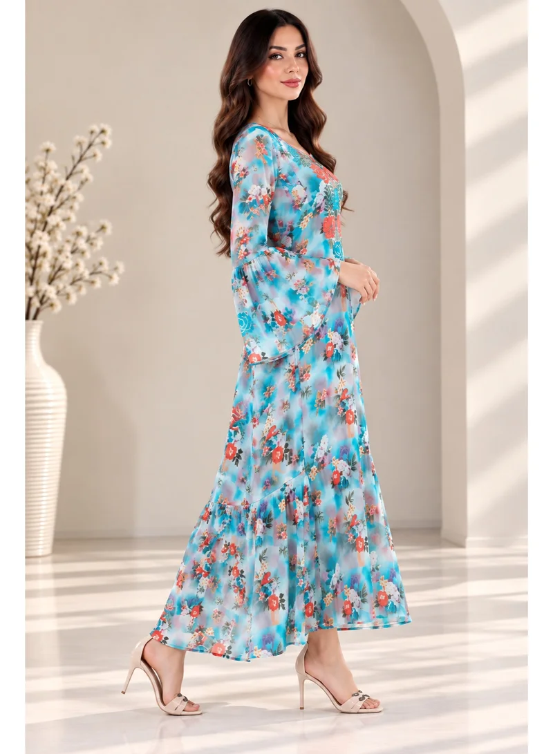 NinEx Women Floral Print Maxi Jalabiya Dress with Embroidered Yoke and Bell Sleeves – Lightweight Fabric Festive & Modest Wear Sky Blue Color 1 Pc