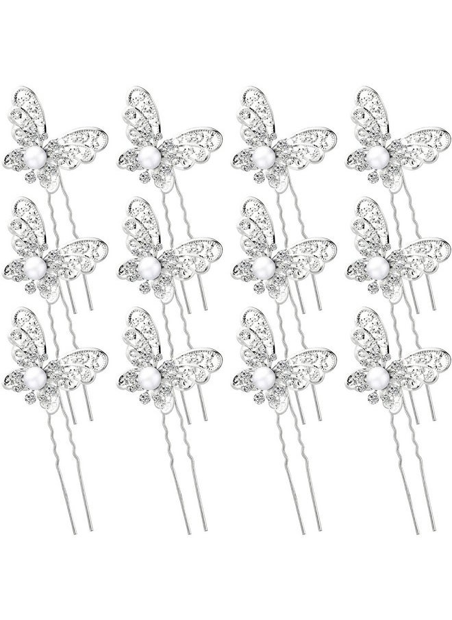Waydress 12 Pieces Butterfly Hair Pin Butterfly Hair Clips Crystal Pearl Hair Clips Bridal Wedding Hair Pins Bride Headwear Hair Accessories For Women Girls (Charming Style)  - Image 1