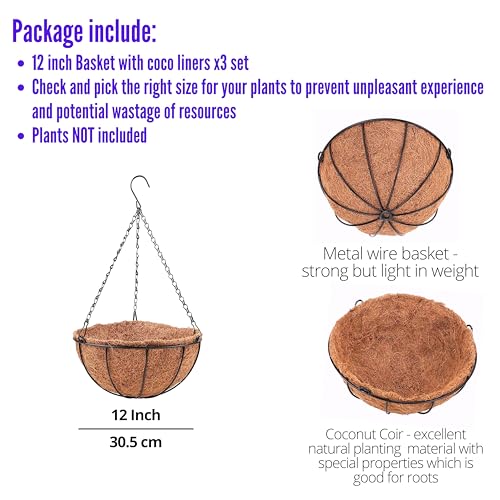 LáLáGreen LaLaGreen Hanging Planters with Coco Liners (12 Inch, 3 Pack) Hanging Baskets for Plant Outdoor, Hanging Plant Pot Flower Metal Wire Round Holder Hanger Hook Chain Deck Porch Garden Balcony Boho Decor - Image 2