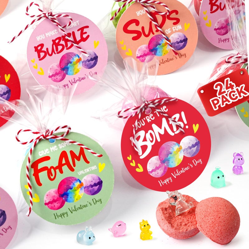 Zesua Valentines Day Gifts For Kids - 24 Pack Bath Bombs With Animal Toy Inside And Valentine'S Cards - Organic Fizzy Bubble Bath Ball For Boys Girls Toddler Classroom Exchange School Party Favors Birthday - Image 1