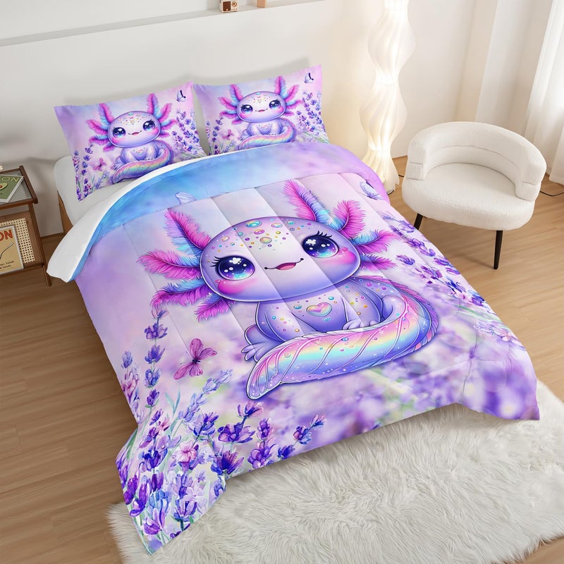 UEVBF Cute Axolotl Comforter Sets Twin Size,Blooming Lavender Butterfly Printed Bedding Set for Kids Girls Room Decor,Cartoon Ocean Animal Themed Comforter Sets with 2 Pillowcases. - Image 2