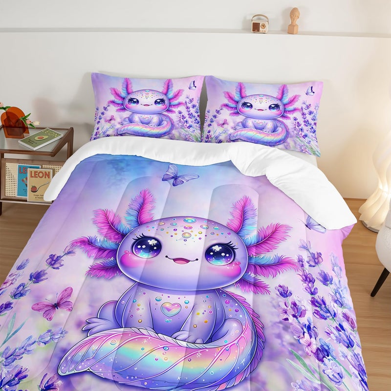 UEVBF Cute Axolotl Comforter Sets Twin Size,Blooming Lavender Butterfly Printed Bedding Set for Kids Girls Room Decor,Cartoon Ocean Animal Themed Comforter Sets with 2 Pillowcases. - Image 3