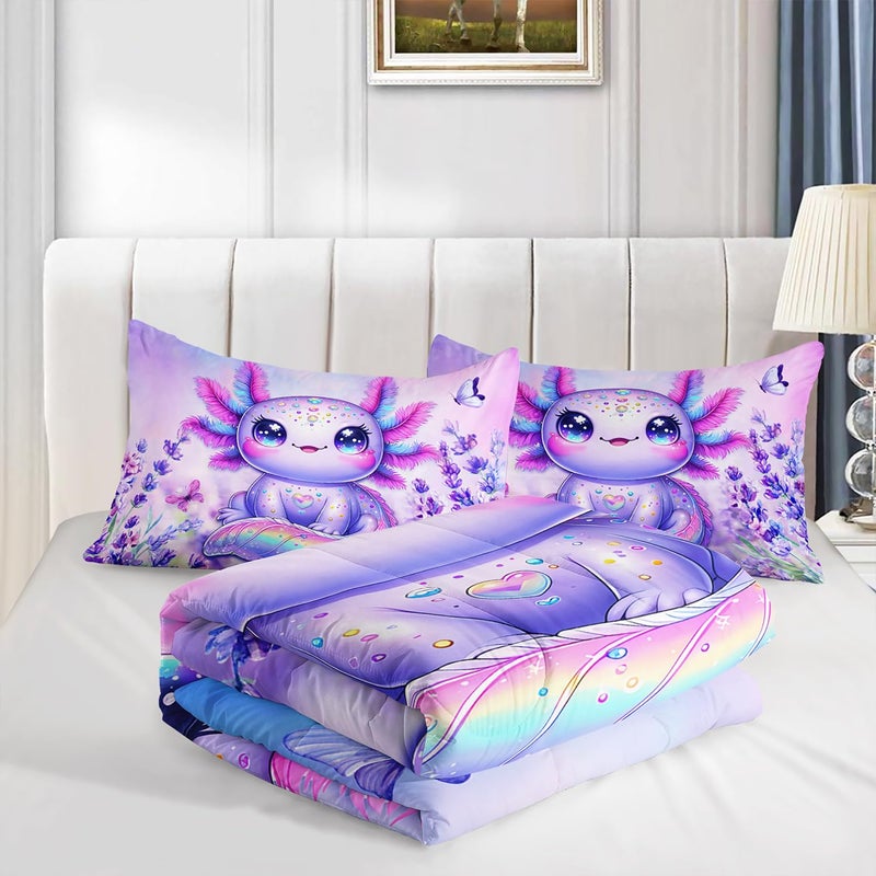 UEVBF Cute Axolotl Comforter Sets Twin Size,Blooming Lavender Butterfly Printed Bedding Set for Kids Girls Room Decor,Cartoon Ocean Animal Themed Comforter Sets with 2 Pillowcases. - Image 4