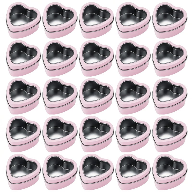 Thintinick 25-Pack 2oz Empty Heart Shaped Mini Metal Tins with Clear View Window Lids for Candle Making, Candies, Gifts & Treasures (Pink) - Image 1