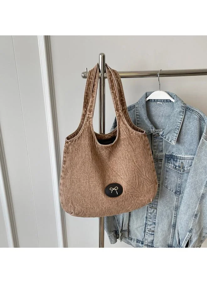 Take Two Brown Badge Detail Denim Tote Bag