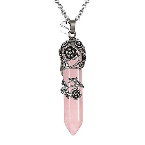 JADENOVA Antique Silver Rose Flower Wrapped Energy Healing Crystal Gemstone Pendant Necklace 20 Inches Stainless Steel Chain（Natural Rose Quartz） - Image 1