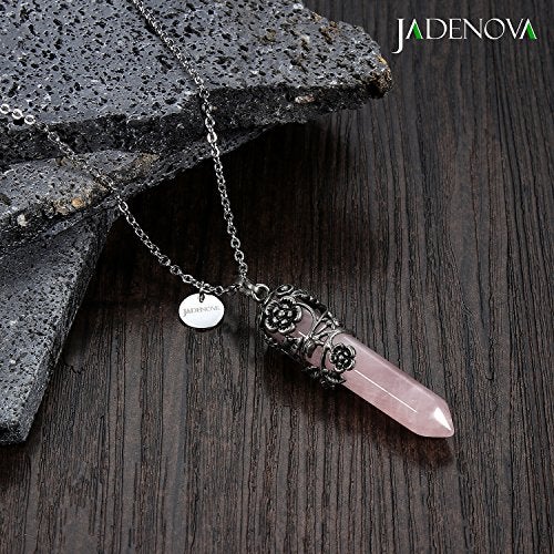 JADENOVA Antique Silver Rose Flower Wrapped Energy Healing Crystal Gemstone Pendant Necklace 20 Inches Stainless Steel Chain（Natural Rose Quartz） - Image 5