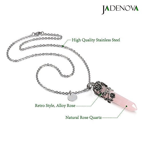 JADENOVA Antique Silver Rose Flower Wrapped Energy Healing Crystal Gemstone Pendant Necklace 20 Inches Stainless Steel Chain（Natural Rose Quartz） - Image 2