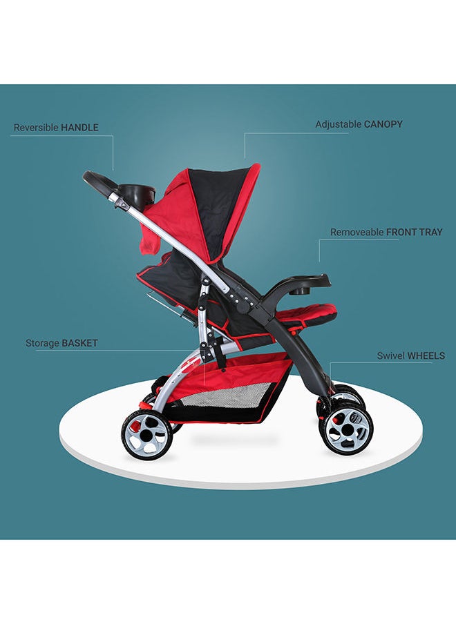 BABY PLUS - Baby Plus Red & Black Ultra-Light Stroller – Compact, Foldable & Travel-Ready for Newborns & Toddlers (0-3 Years), with Multi-Position Reclining Seat, Sun Canopy, Storage Basket & Shock-Absorbing Wheels - Image 1