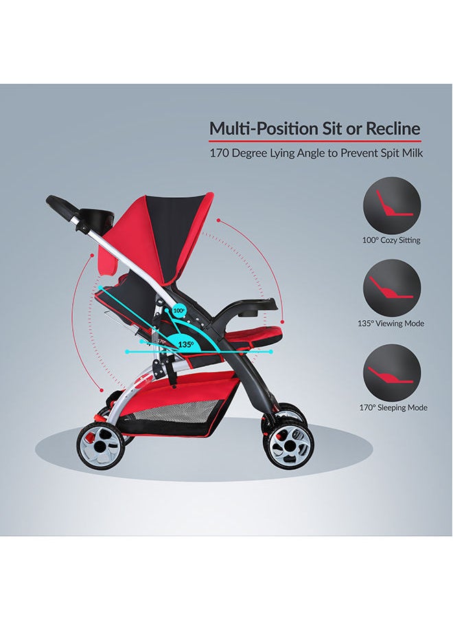 BABY PLUS - Baby Plus Red & Black Ultra-Light Stroller – Compact, Foldable & Travel-Ready for Newborns & Toddlers (0-3 Years), with Multi-Position Reclining Seat, Sun Canopy, Storage Basket & Shock-Absorbing Wheels - Image 1