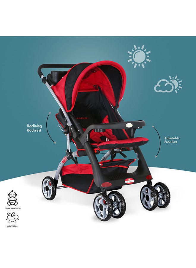 BABY PLUS - Baby Plus Red & Black Ultra-Light Stroller – Compact, Foldable & Travel-Ready for Newborns & Toddlers (0-3 Years), with Multi-Position Reclining Seat, Sun Canopy, Storage Basket & Shock-Absorbing Wheels - Image 1