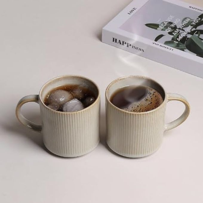 MONITO 16Oz Coffee Mugs Set of 4, Rustic Ceramic Coffee Cups Set with Large Handle, Vintage Striped Stoneware Coffee Mugs for Latte, Cocoa, Tea, Milk, Microwave & Dishwasher Safe, Bonbon Beige - Image 3