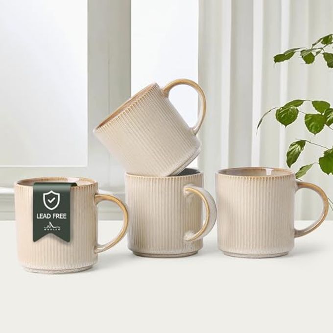 MONITO 16Oz Coffee Mugs Set of 4, Rustic Ceramic Coffee Cups Set with Large Handle, Vintage Striped Stoneware Coffee Mugs for Latte, Cocoa, Tea, Milk, Microwave & Dishwasher Safe, Bonbon Beige - Image 4