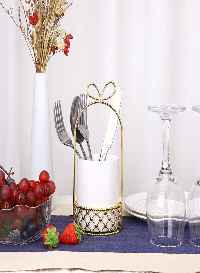 JUXYES Ceramic Silverware Holder For Tabletop, White Cutlery Holder With Golden Metal Bracket, Decorative Flatware Holder Countertop Utensil Holder Organizer for Wedding Kitchen Dining Tables - Image 2