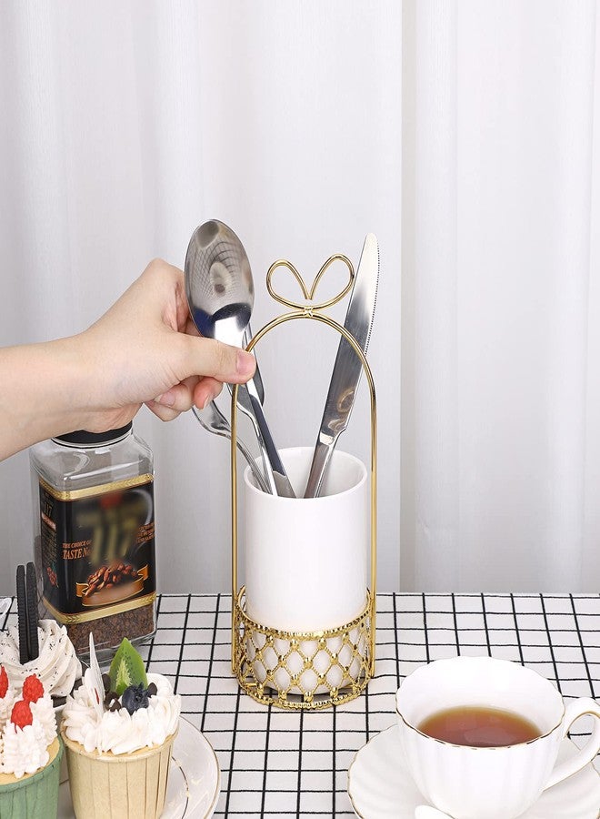 JUXYES Ceramic Silverware Holder For Tabletop, White Cutlery Holder With Golden Metal Bracket, Decorative Flatware Holder Countertop Utensil Holder Organizer for Wedding Kitchen Dining Tables - Image 4