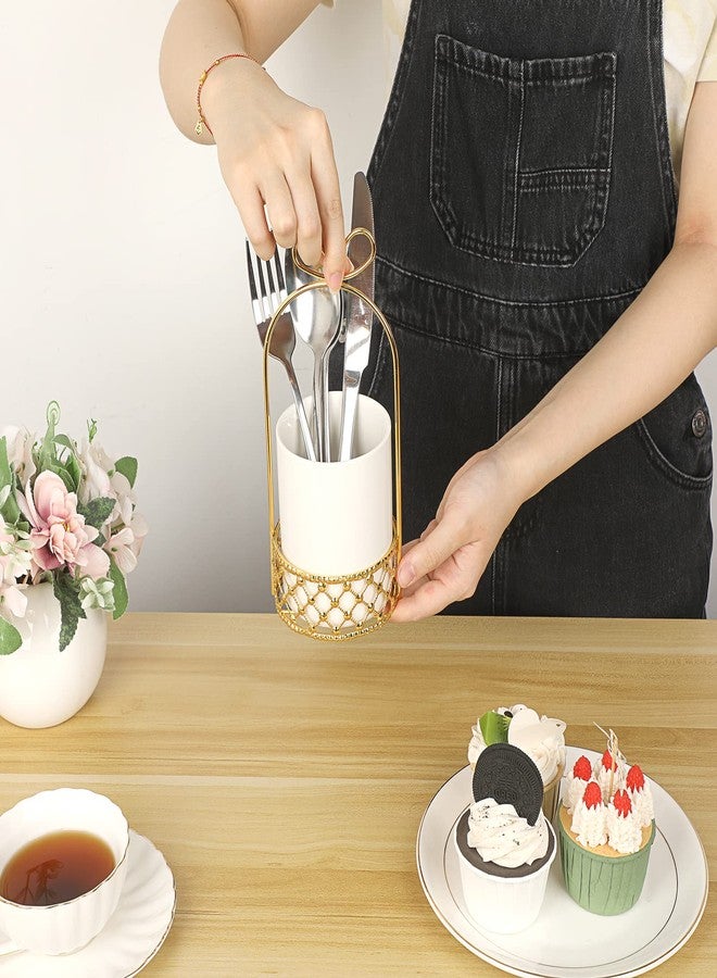 JUXYES Ceramic Silverware Holder For Tabletop, White Cutlery Holder With Golden Metal Bracket, Decorative Flatware Holder Countertop Utensil Holder Organizer for Wedding Kitchen Dining Tables - Image 5