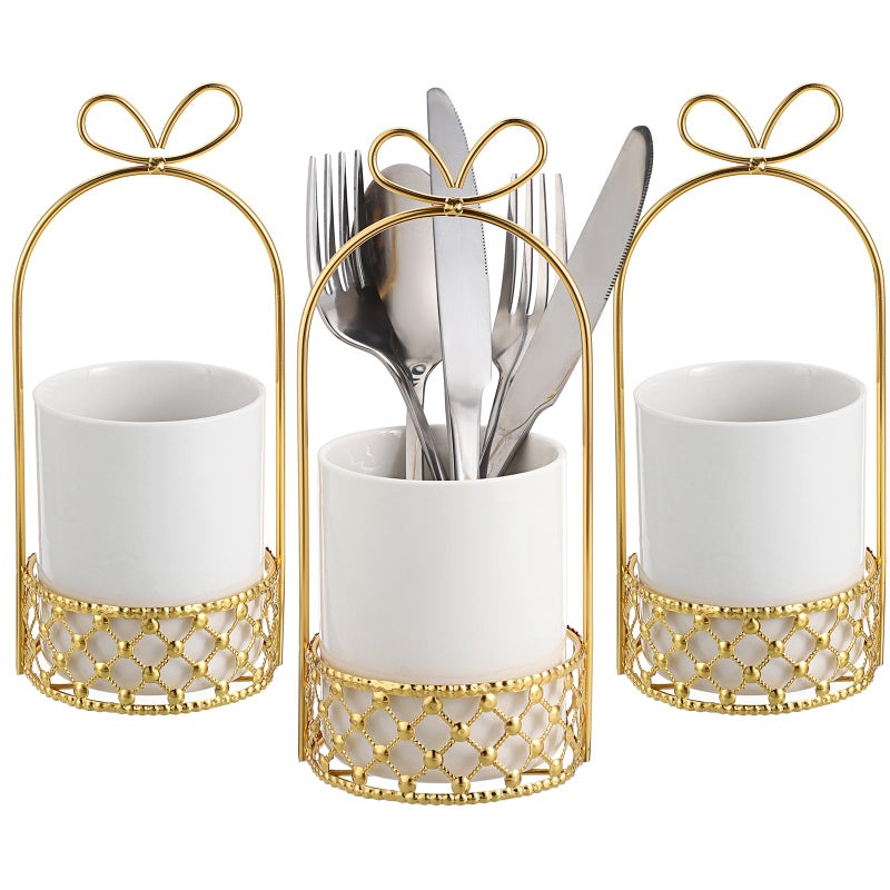 JUXYES Ceramic Silverware Holder For Tabletop, White Cutlery Holder With Golden Metal Bracket, Decorative Flatware Holder Countertop Utensil Holder Organizer for Wedding Kitchen Dining Tables - Image 1