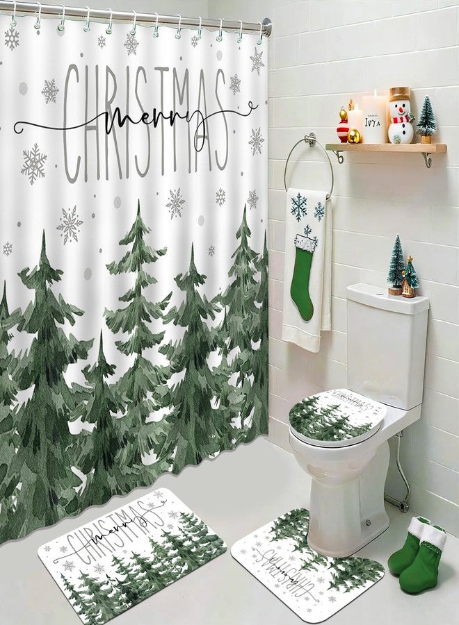 Mocsicka Winter Pine Tree Shower Curtain Set for Bathroom, 4Pcs Christmas Winter Forest Scene Bathroom Sets with Non Slip Rugs, Toilet Lid Cover, Bath Mat, Shower Curtain, Bathroom Decor with 12 Hooks - Image 1