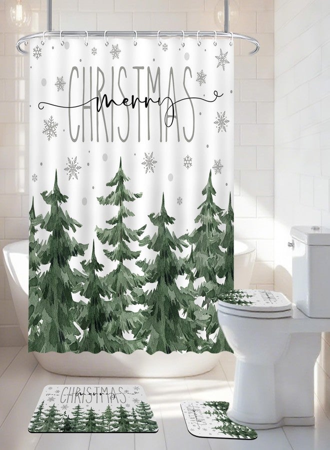 Mocsicka Winter Pine Tree Shower Curtain Set for Bathroom, 4Pcs Christmas Winter Forest Scene Bathroom Sets with Non Slip Rugs, Toilet Lid Cover, Bath Mat, Shower Curtain, Bathroom Decor with 12 Hooks - Image 2