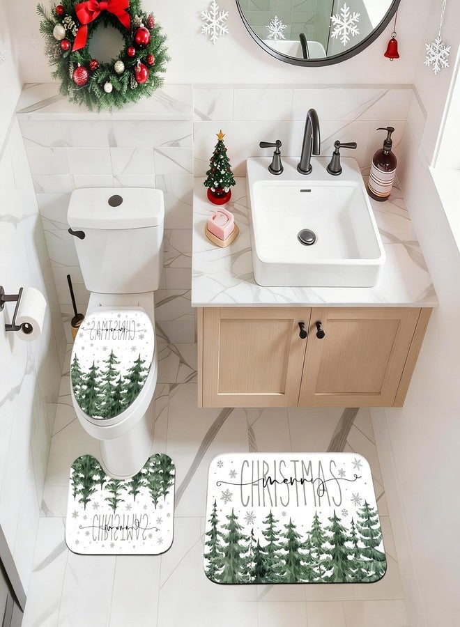 Mocsicka Winter Pine Tree Shower Curtain Set for Bathroom, 4Pcs Christmas Winter Forest Scene Bathroom Sets with Non Slip Rugs, Toilet Lid Cover, Bath Mat, Shower Curtain, Bathroom Decor with 12 Hooks - Image 4